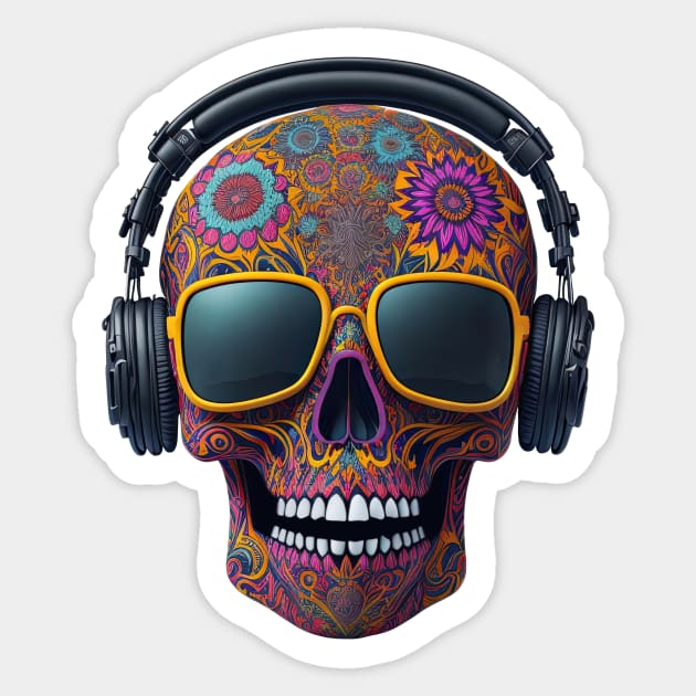 Funny Sugar Candy Skull With Headphones and Sun Glasses Sticker by allovervintage